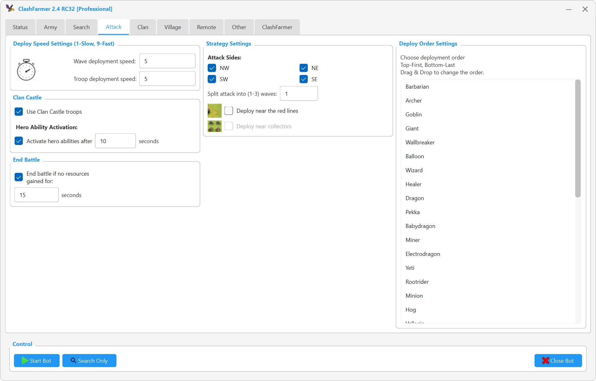 Attack tab: troop deployment strategy settings