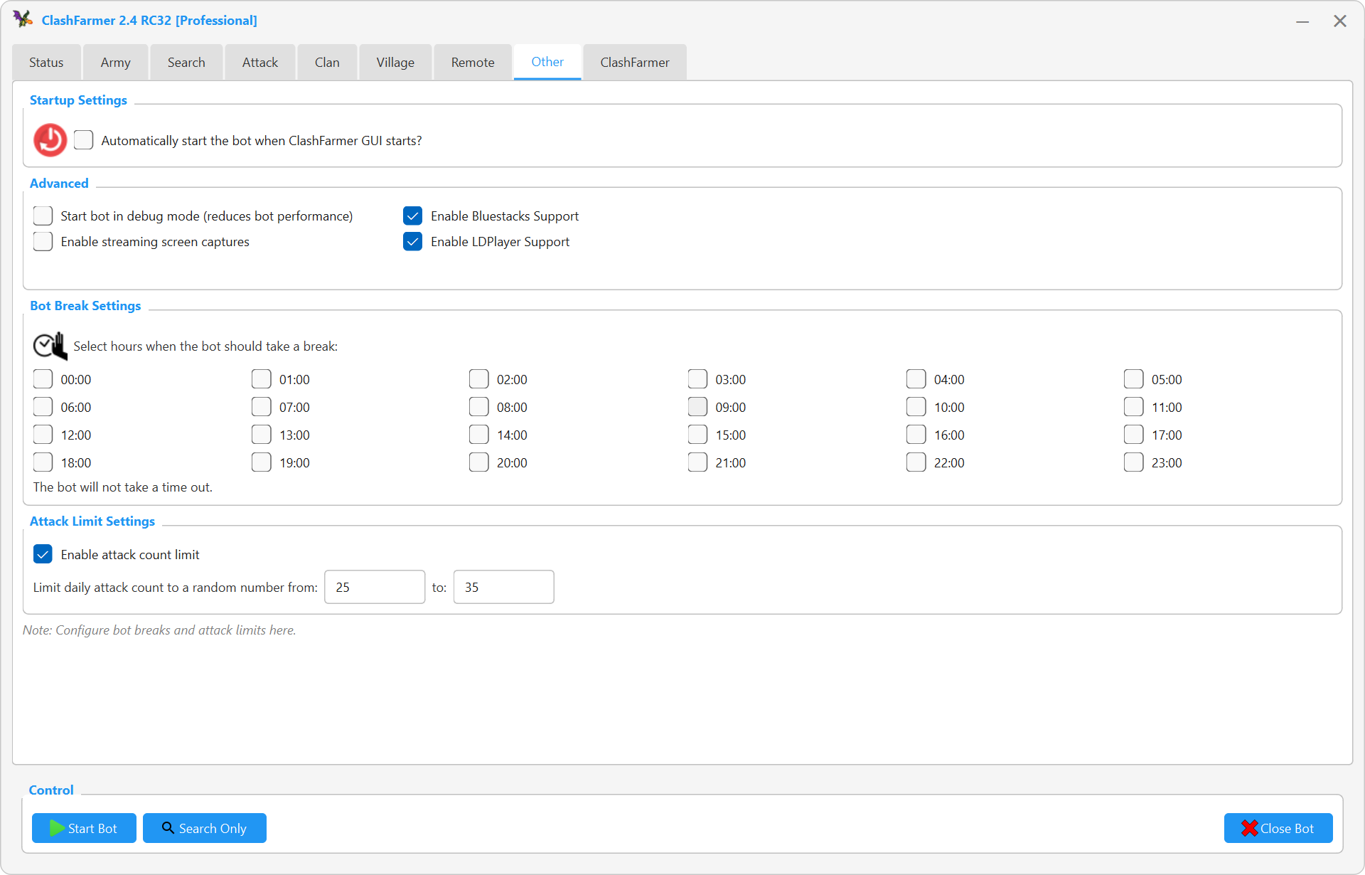 Other tab: time-out hours and general bot settings