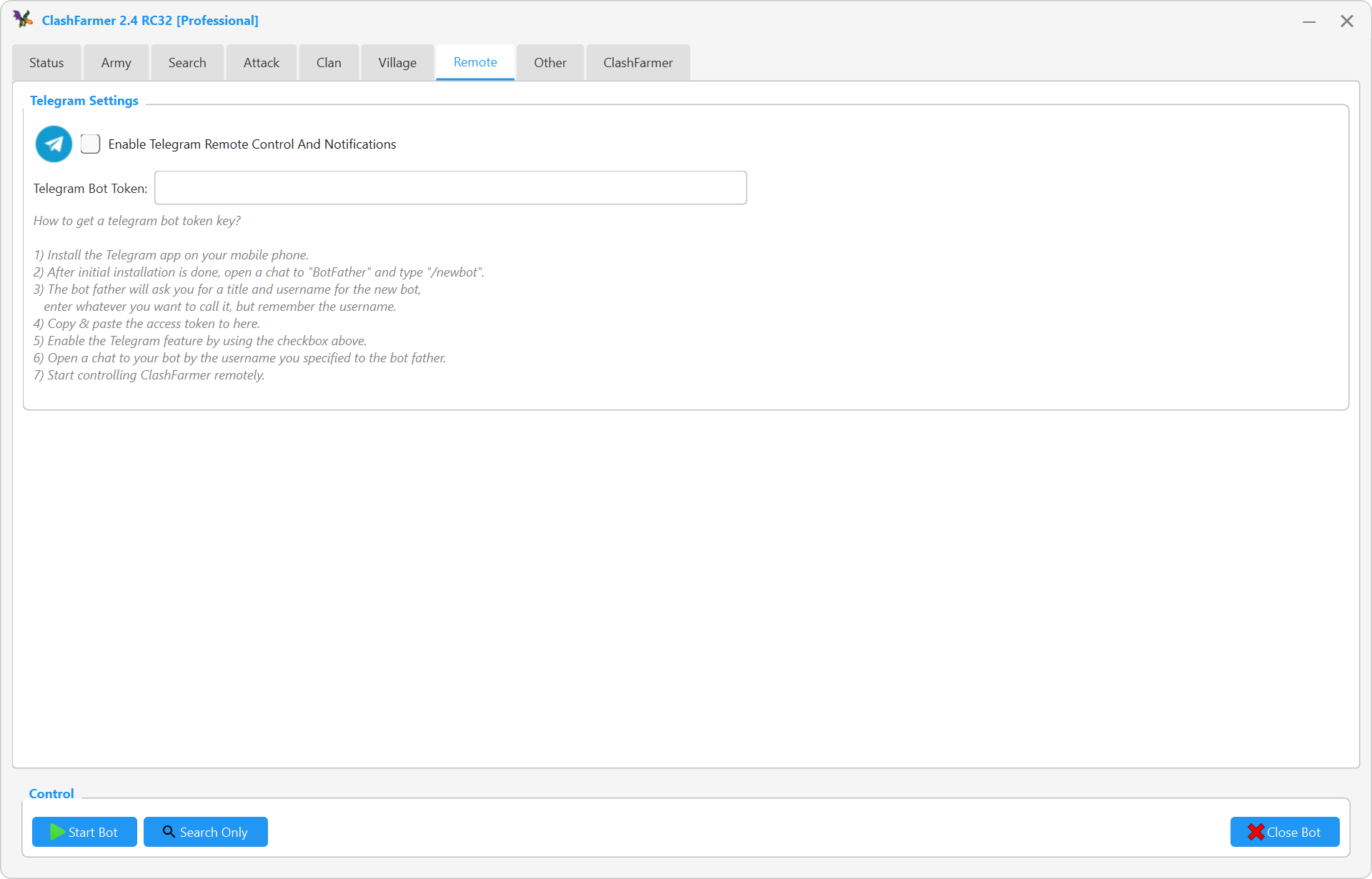 Remote tab: Telegram remote control settings