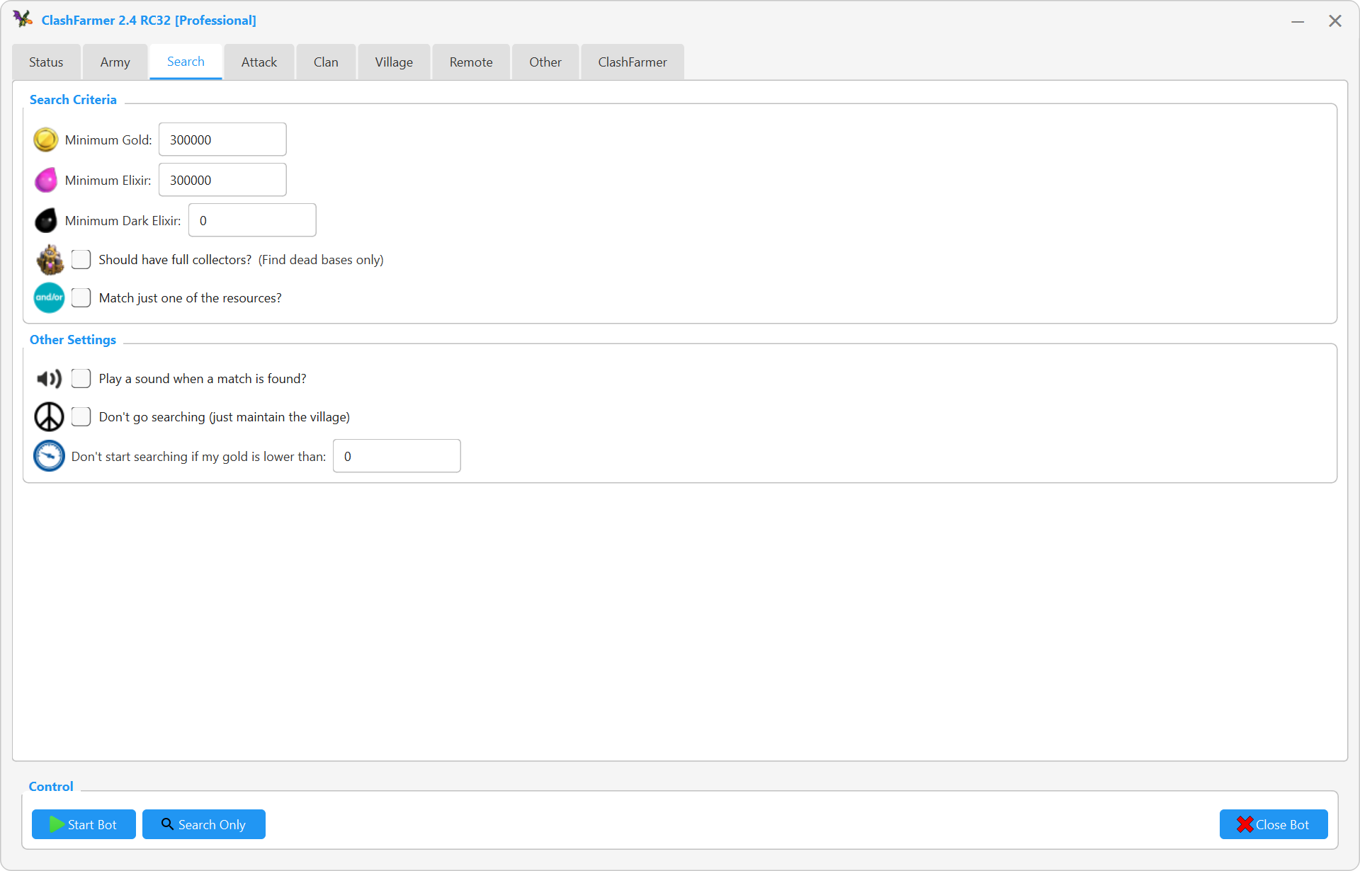 Search tab: minimum loot thresholds and dead-base search criteria